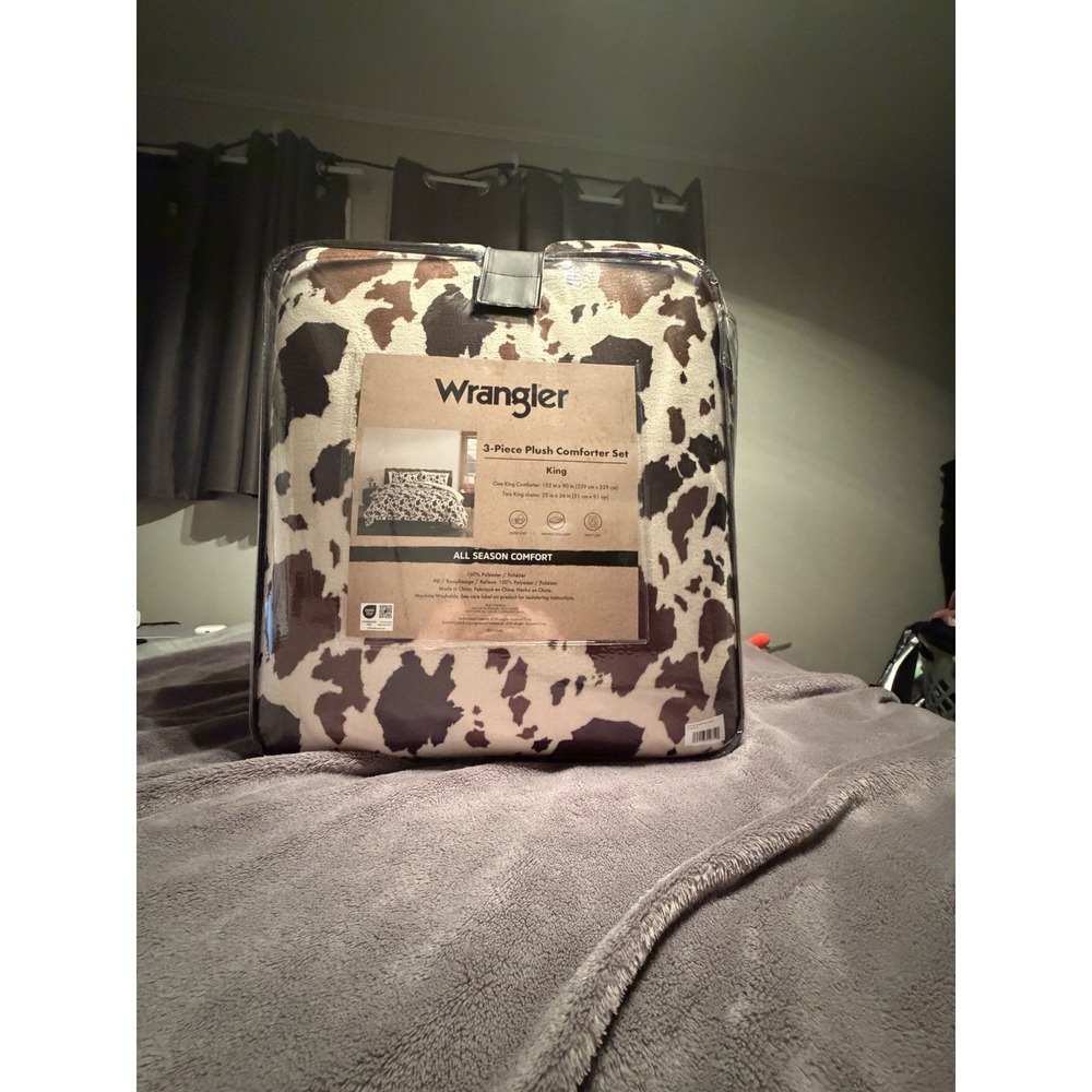 Wrangler King 3-Piece Plush Comforter Set Cow PrintBrown Black White Western NEW